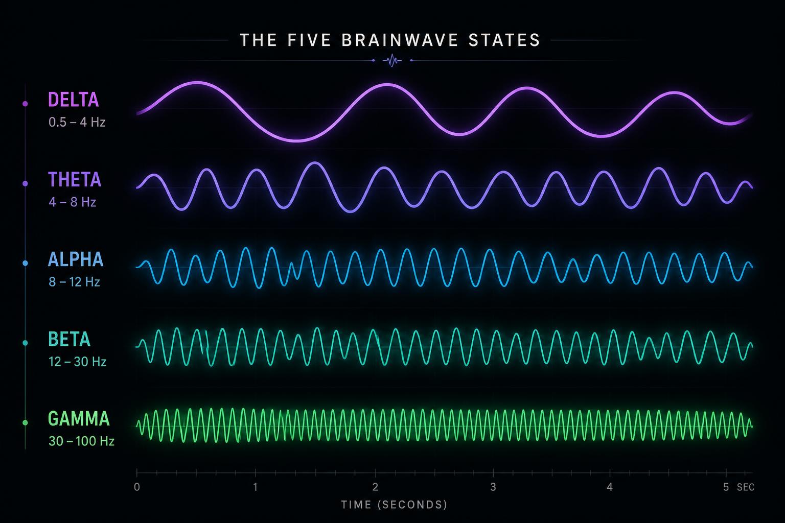 Chart of the five brainwave states — Delta, Theta, Alpha, Beta, Gamma